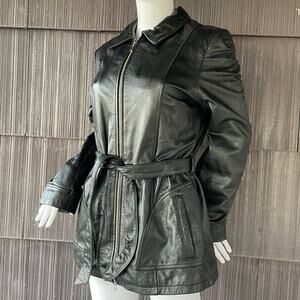 🔥Y2K Wilson’s Leather Zip Up Belted Two Pockets Black Jacket Women Size M